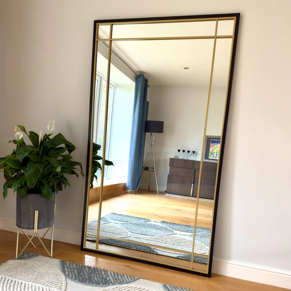 Aimi - Full Length Black & Gold Metal Rectangle Window Mirror - 180cm x 105cm.